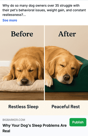 Example ready-to-publish Facebook ad showing a before-and-after dog sleep comparison