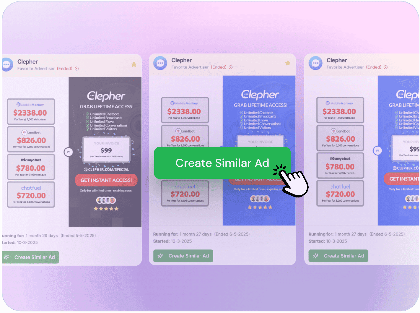 Saved competitor ad creatives with a Create Similar Ad button