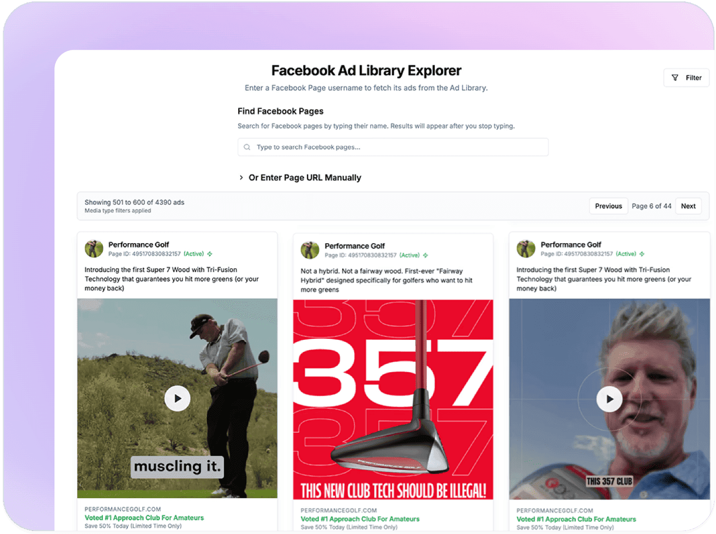 Facebook Ad Library Explorer listing thousands of high-performing ads