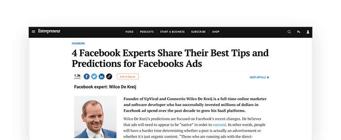 Entrepreneur.com feature: 4 Facebook Experts Share Their Best Tips and Predictions for Facebook Ads, quoting Facebook expert Wilco De Kreij