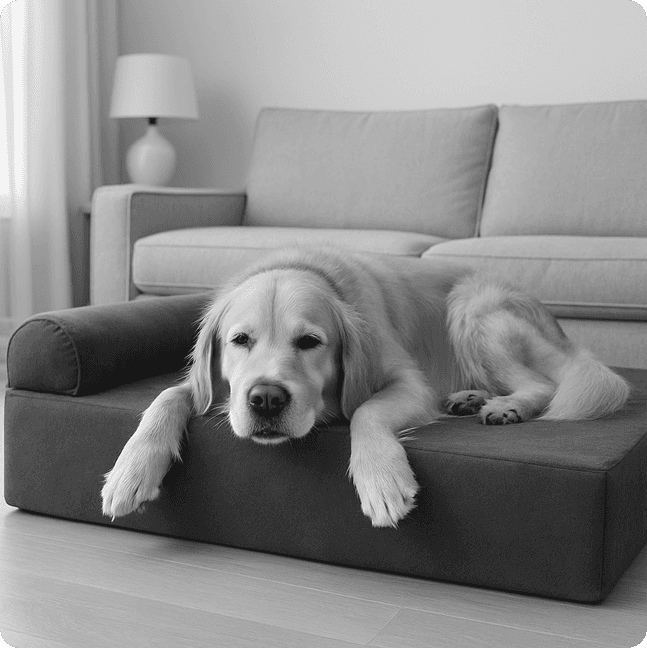 Generic grayscale stock photo of a dog on a couch with no offer, branding, or hook — typical of a plain ChatGPT-written ad