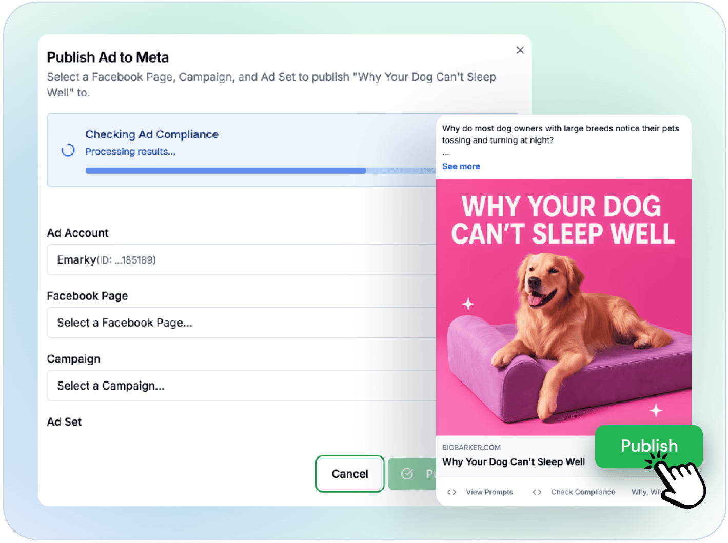 Publish Ad to Meta dialog showing one-click publishing to Facebook