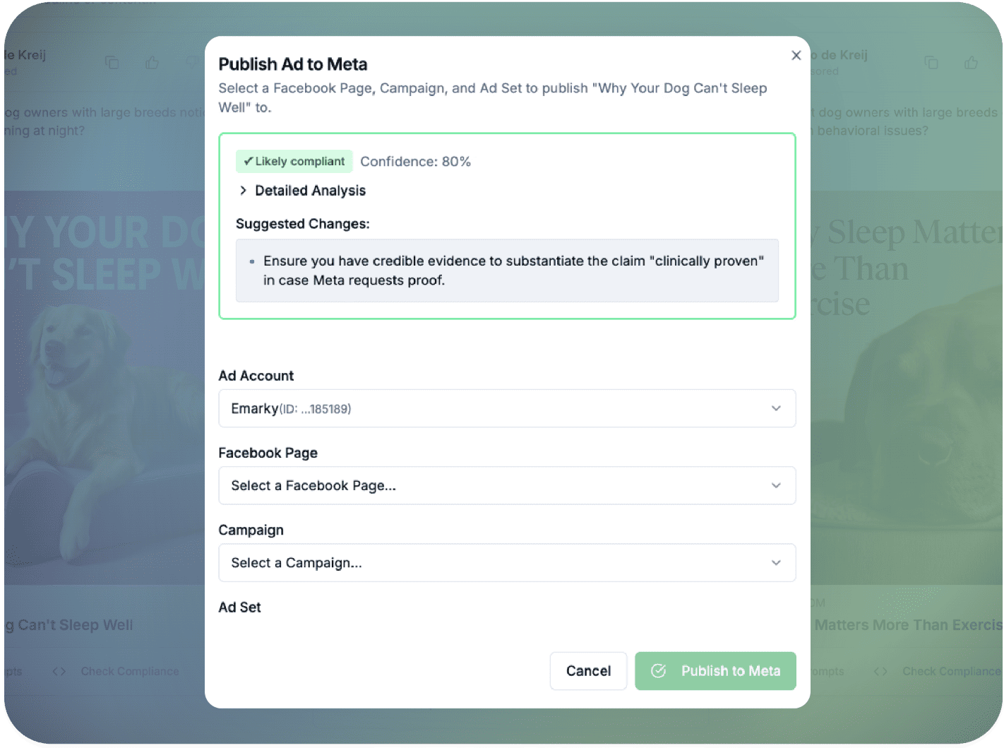 Compliance check flagging a policy risk before an ad is published