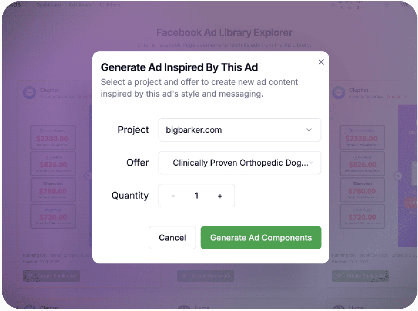 Generate Ad Inspired by This Ad dialog for copying a winning structure